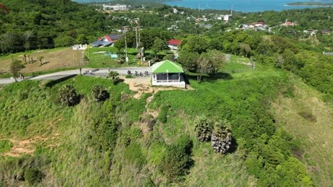 Observation deck on a hill overlooking the sea. Drone video Video stock 303141714