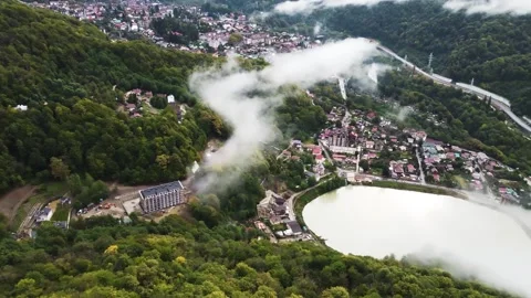 Observation deck located on top of the mountain.  Aerial view drone. Stock Footage 220574712