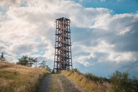 Observation deck lookout tower called Milada near Orlik dam in evening light Foto stock