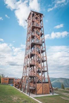 Observation deck lookout tower called Milada near Orlik dam in evening light Stock Photos