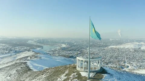 Observation deck on the mountain Kazakhstan with the flag of the country, view f 스톡 동영상 233361416