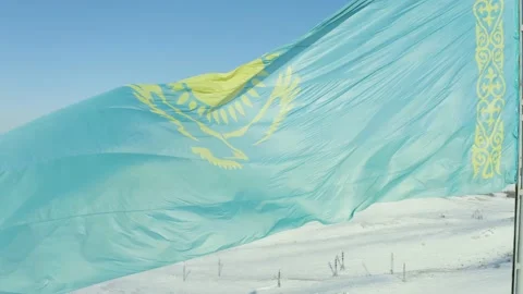 Observation deck on the mountain Kazakhstan with the flag of the country, view f Stock Footage 233362287