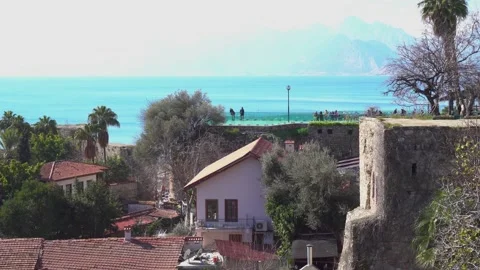 An observation deck overlooking the sea and mountains in the city of Antalya. Stock Footage 169579126