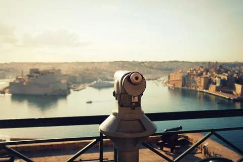 Observation deck with panoramic view of Valletta, Malta and telescope in the Stock Photos