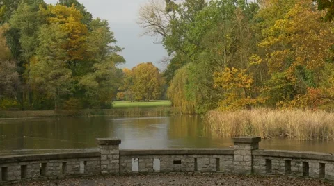 Observation Deck at River Dry Leaves Fly Golden Autumn Landscape Cloudy Windy Stock Footage 69003526