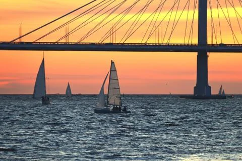 Observation deck on the shore with a view of the cable-stayed bridge and suns Stock Photos