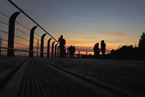 Observation deck on the shore with a view of the cable-stayed bridge and suns Stock Photos