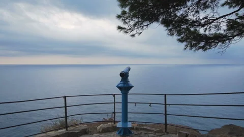 Observation Deck With A Telescope Overlooking The Sea Stock Footage 100708536