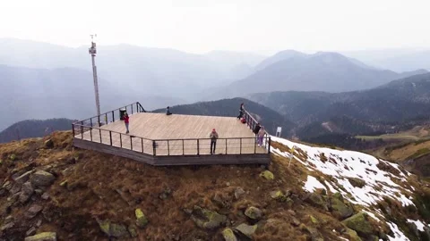 Observation deck at the top of the mountain. Aerial view from drone. Stock Footage 169655067