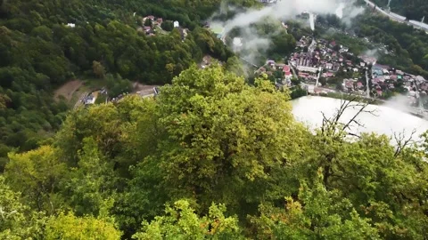 An observation deck, view of mountains and locality. Aerial view from a drone. Stock Footage 220574730
