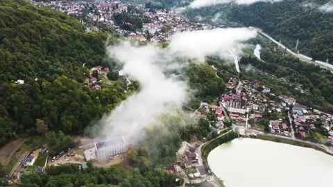 An observation deck, view of mountains and locality. Aerial view from a drone. Stock Footage 220574754