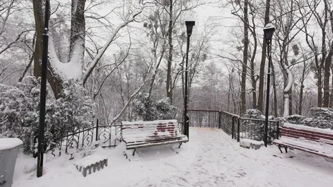 The observation deck in the winter park is covered in snow.  스톡 동영상 328720718