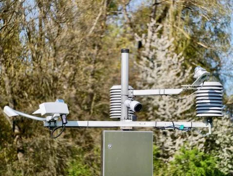 Observation instrument capturing microclimate data with radiation shield an.. Stock Photos