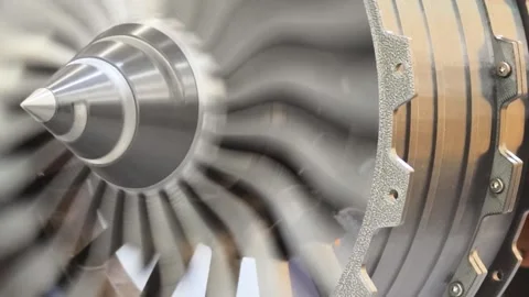 Observation of a jet engine in operation showcasing its complex internal Stock Footage 313992801