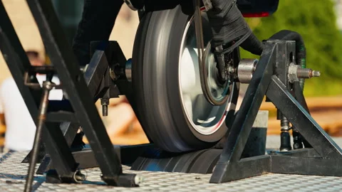 Observation of Motorcycle Tire Testing in Slow Motion on Dyno Machine reveals 스톡 동영상 277582010