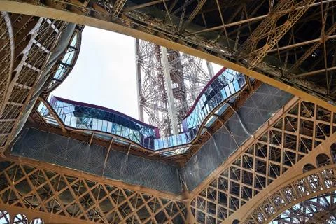 Observation platform of the first level of the Eiffel Tower. Metal support Stock Photos