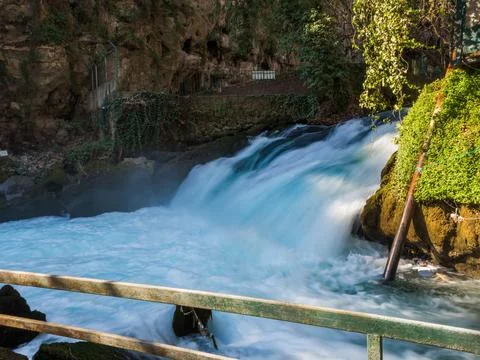 Observation platform for watching the mountain river. The rapid flow of the r Stock Photos