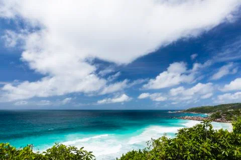 Observation Point with view to Petite Anse in La Digue, Seychelles with deep  Stock Photos