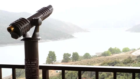 Observation scope Pyramid Lake, CA. Grapevine visitor center rainy day Stock Footage 259665061