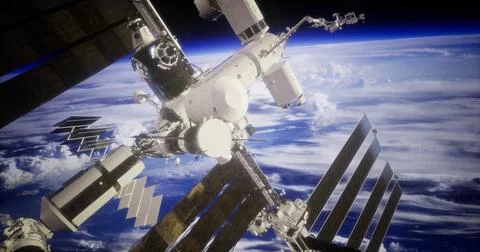 Observation of space station orbiting Earth amidst dramatic clouds Stock Illustration