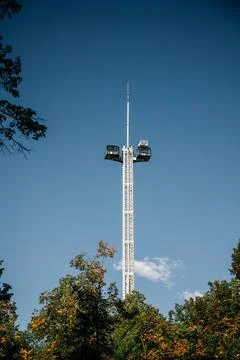Observation tower above trees on clear sky. Tall observation tower with Stock Photos