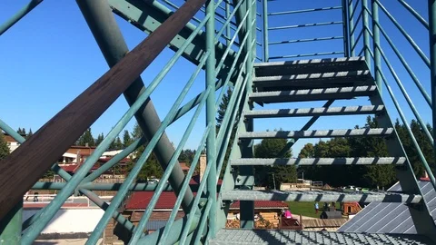 Observation tower metal construction and blue sky. Stairway of the watch tower Stock Footage 118257531
