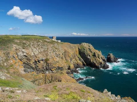 Observation Tower MP4 L'Angle overlooking rocky bay, Guernsey, Channel Islands Stock Photos