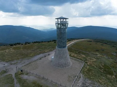 Observation tower on the peak of Mount Kralicky Sneznik, Eastern Sudetes on.. Stock Photos