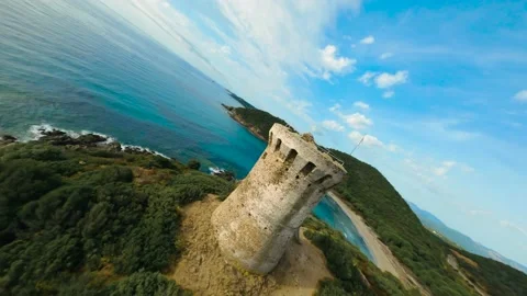 The observation tower of Torra de Fautea in Corsica above a sandy beach. Stock Footage 209296521