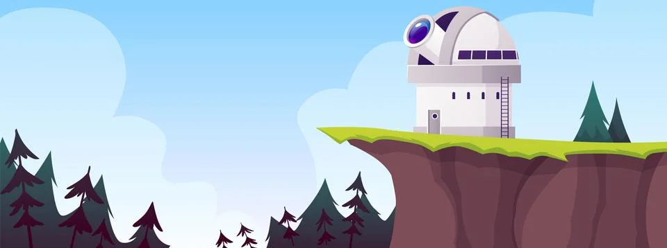 Observatory building on hill vector flat illustration, scientific planetarium Ilustración de archivo