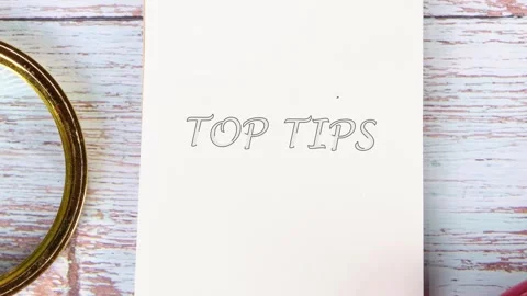 Observe someone writing top tips on a notepad using a magnifying glass. Discover Stock Footage 326299379