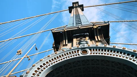 Observing decor, elements and details at the Manhattan Bridge. Low angle view at Stock Footage 342192058