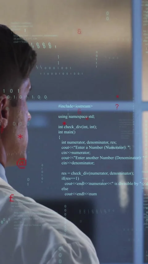 Observing digital code on transparent screen, man in white coat analyzing Stock Footage 344244750