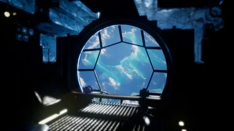 Observing Earth From Space Station Windows Blue Earth and Clouds Stock Footage 89522476