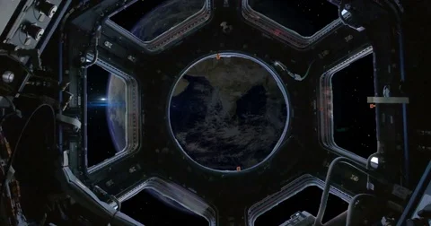 Observing Earth Through Space Station Window Flying Away Blue Flare Stock Footage 76144687