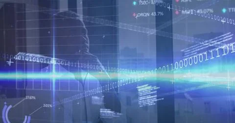 Observing executive analyzing holographic binary code on glass wall at high-rise Stockfoto's