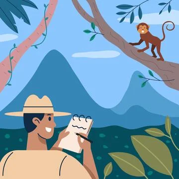 Observing Primate Behavior In The Jungle Stock Illustration