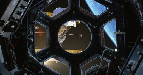 Observing Release of Hubble Telescope Through Spaceship Windows, 4K Stock Footage 76417894