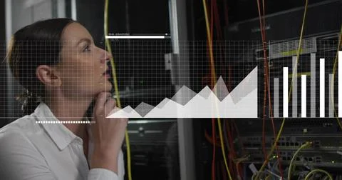 Observing tech in white top studying racks in server room with data overlays, Stock Photos