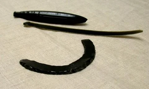 Obsidian Core, Blade, and Curved Neckpiece 250 CE 350 CE Mexico. Obsidian ... Stock Photos