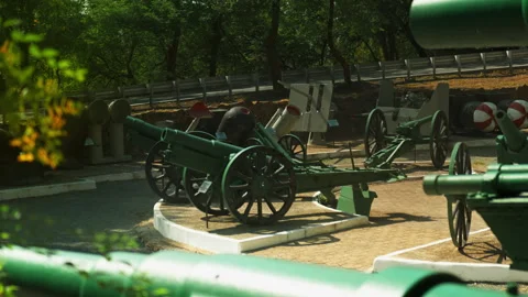 Obsolete, abandoned, and rusty combat guns stand amidst the natural landsca.. Stock-Footage 346319257