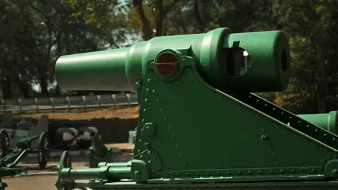 Obsolete, abandoned, and rusty combat guns stand amidst the natural landsca.. Stock-Footage 346319388