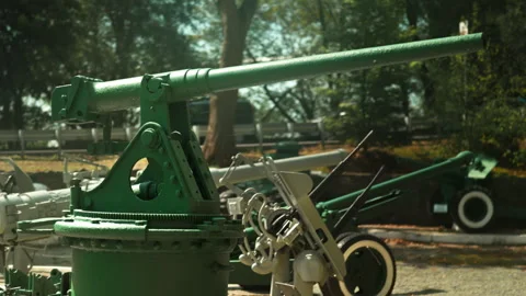Obsolete, abandoned, and rusty combat guns stand amidst the natural landsca.. Stock-Footage 346322331