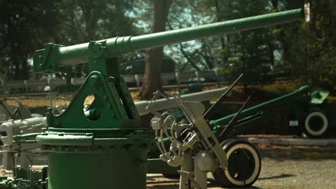 Obsolete, abandoned, and rusty combat guns stand amidst the natural landsca.. Stock-Footage 346322486