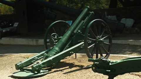 Obsolete, abandoned, and rusty combat guns stand amidst the natural landsca.. Stock-Footage 346323420