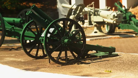 Obsolete, abandoned, and rusty combat guns stand amidst the natural landsca.. Stock-Footage 346323962