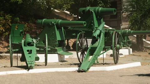 Obsolete, abandoned, and rusty combat guns stand amidst the natural landsca.. Stock-Footage 346326285