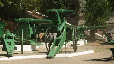 Obsolete, abandoned, and rusty combat guns stand amidst the natural landsca.. Stock-Footage 346326557