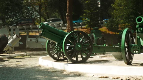Obsolete, abandoned, and rusty combat guns stand amidst the natural landsca.. Stock-Footage 346329104