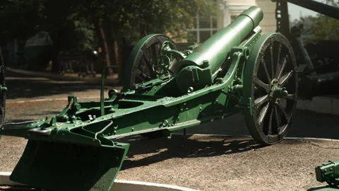 Obsolete, abandoned, and rusty combat guns stand amidst the natural landsca.. Stock-Footage 346342062